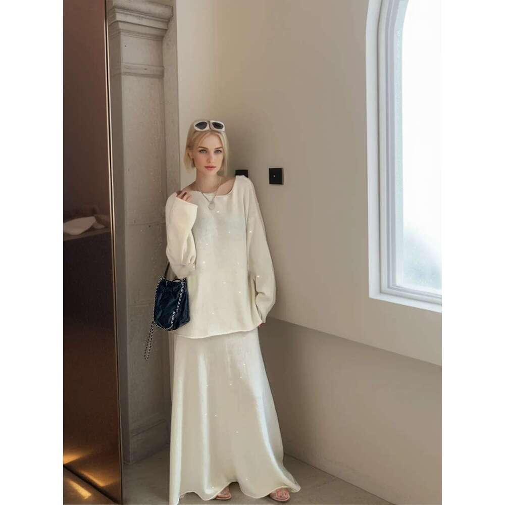 Hirsionsan Sexy Soft Elegant Vintage Women Suits 2 Pieces Female Sets Slash Neck Sweater & Midi Dress Bg Knitted Tracuit
