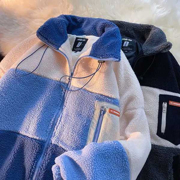 2021 lamb wool stitching striped cardigan sweater womens winter new design sense niche loose cotton jacket chaketas de mujerX241018