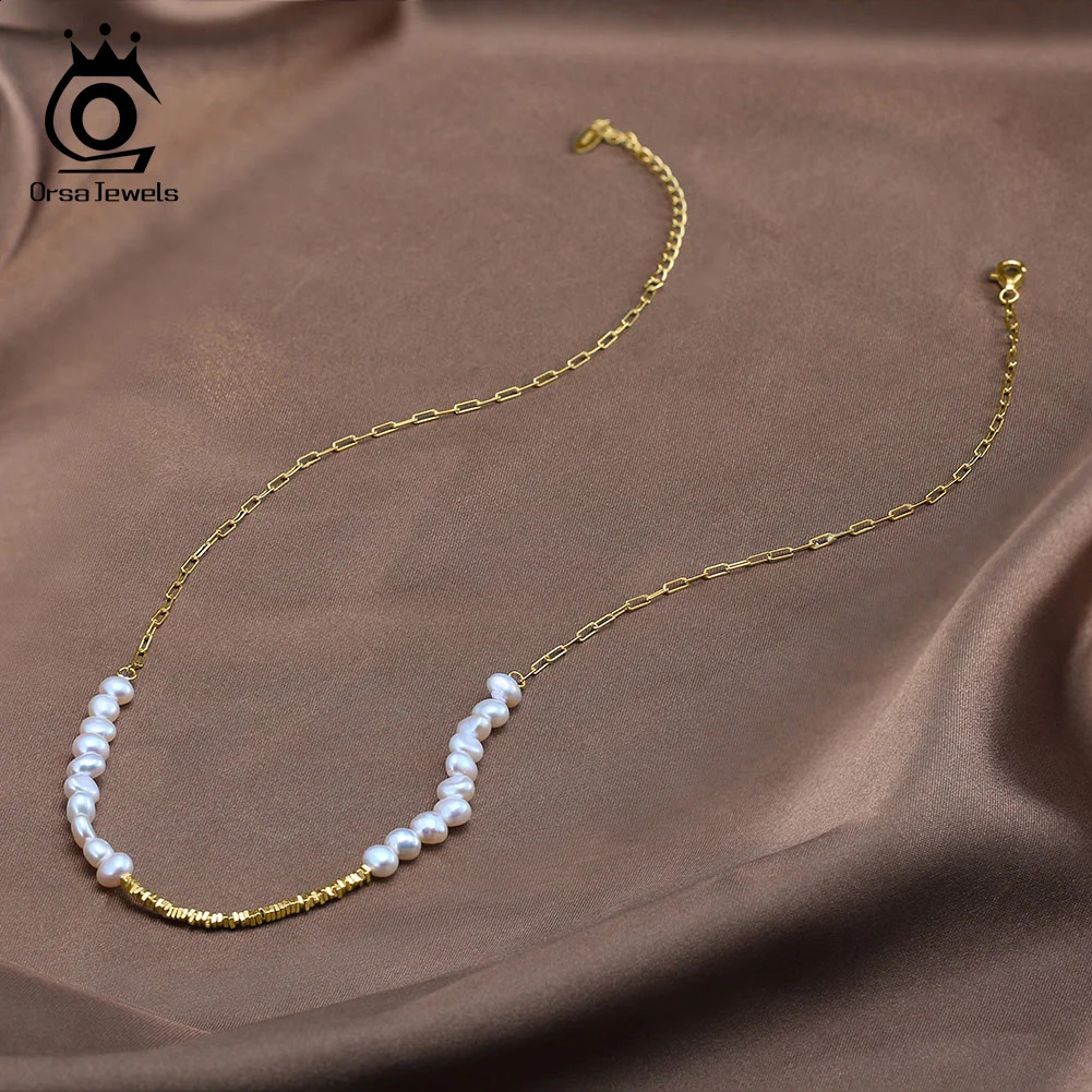 ORSA JEWELS Pearl Necklace 925 Pure Silver Chain 3.5-5mm Natural Freshwater Pearl Female Gold GPN68 241018