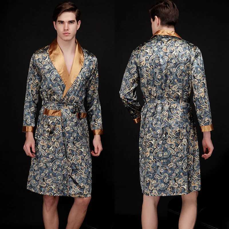 Ice Silk Robe Male Casual Home Clothes Print Shirt pants Summer Autumn New Bathrobe with Pocket Loose Nightwear LoungewearXJ241018