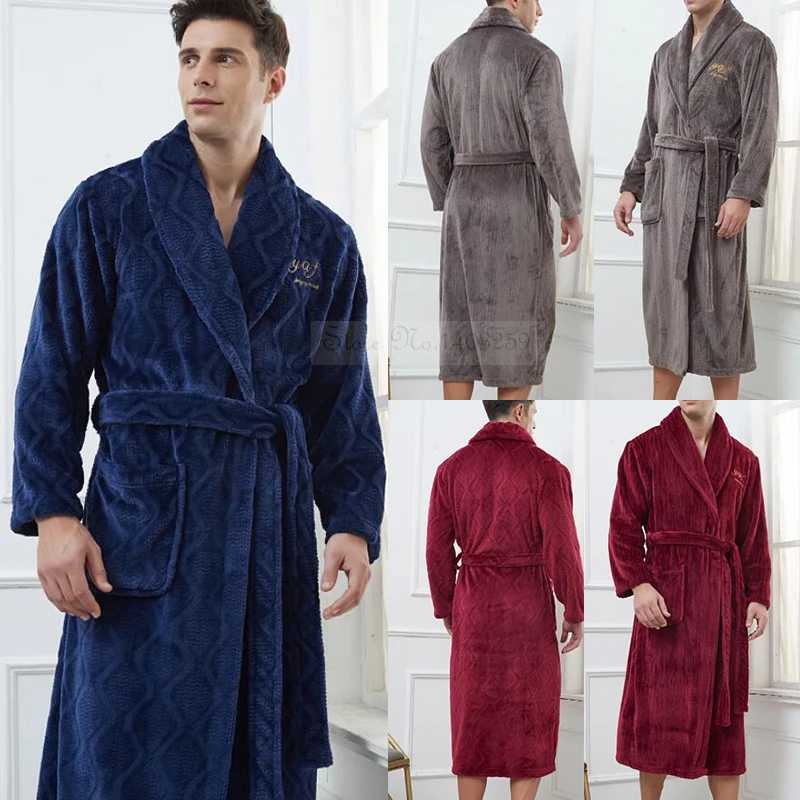 Winter Thick Coral Fleece Robe Men Sleepwear Oversize Long Kimono Bathrobe Gown Warm Flannel Nightwear Loose Homwear LoungewearXJ241018