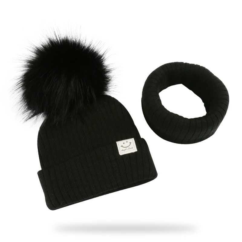 Winter Unisex Faux Fur Pompon Hat Scarf For Kids Boys Girls Knitted Baby Caps With Pompom Bonnet Childrens Accessories LX241018