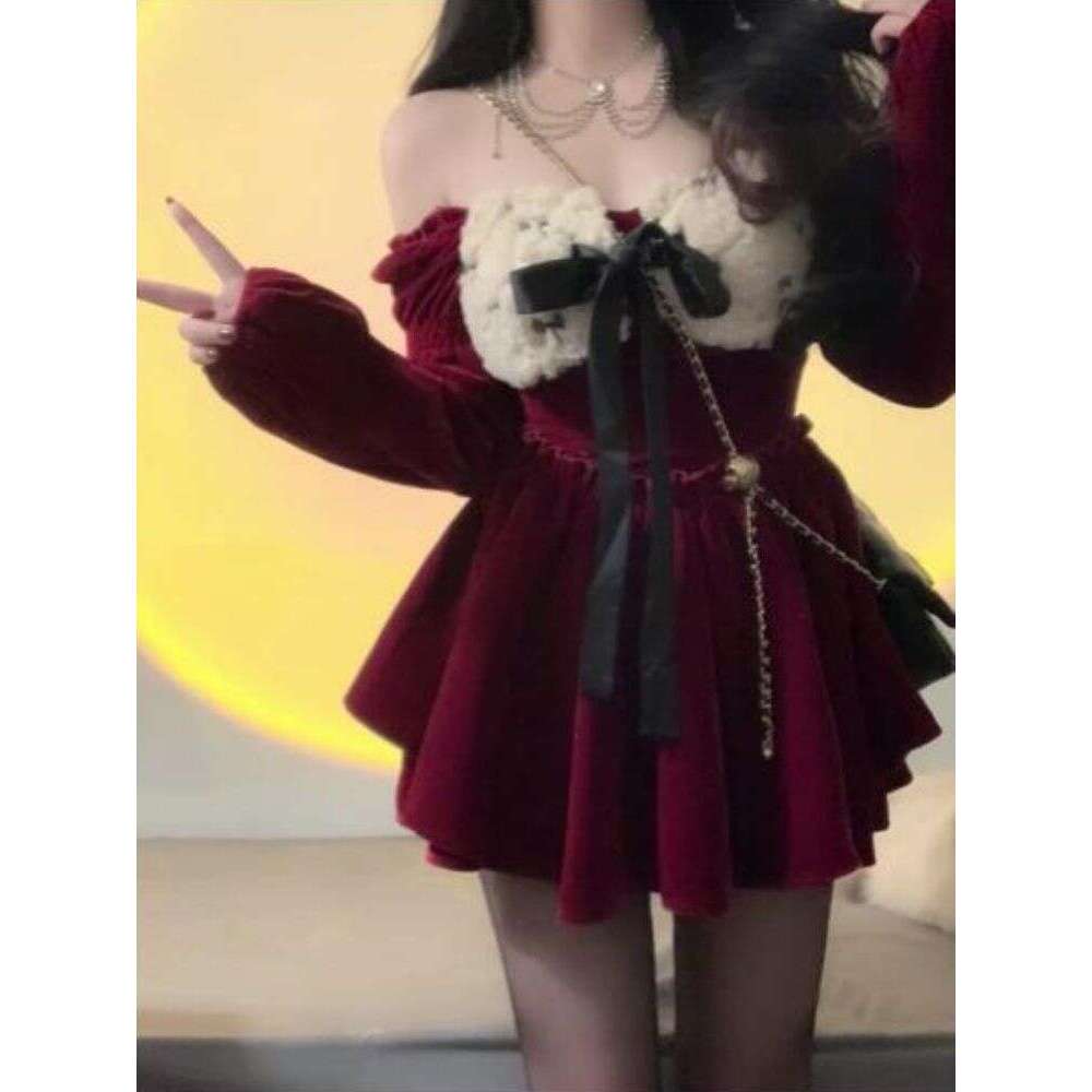 Fashion Vintage Fine Glitter Veet Dresses 2024 Autumn Winter New Dress For Women Y2k Slim Wasit Ruched Cake Vestidos Mujer