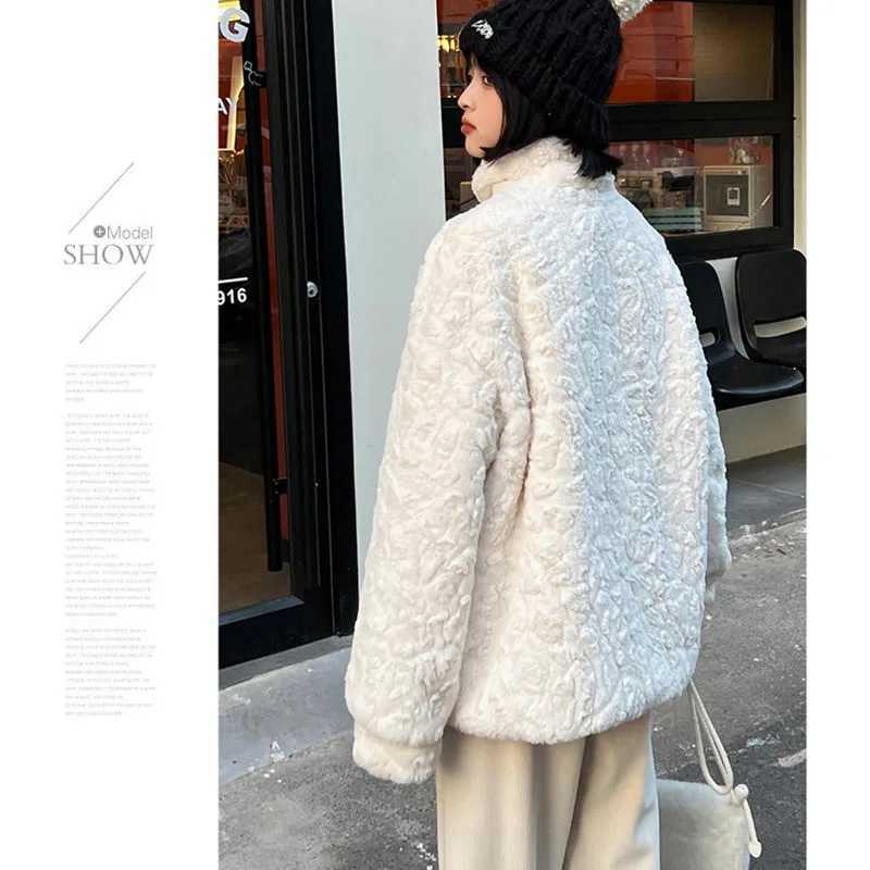 Winter Lamb Wool Coat Womens Korean New Faux Rabbit Velvet Corner Buckle Furry Outercoat Long Sleeve Warm Fur Jacket Female TopX241018