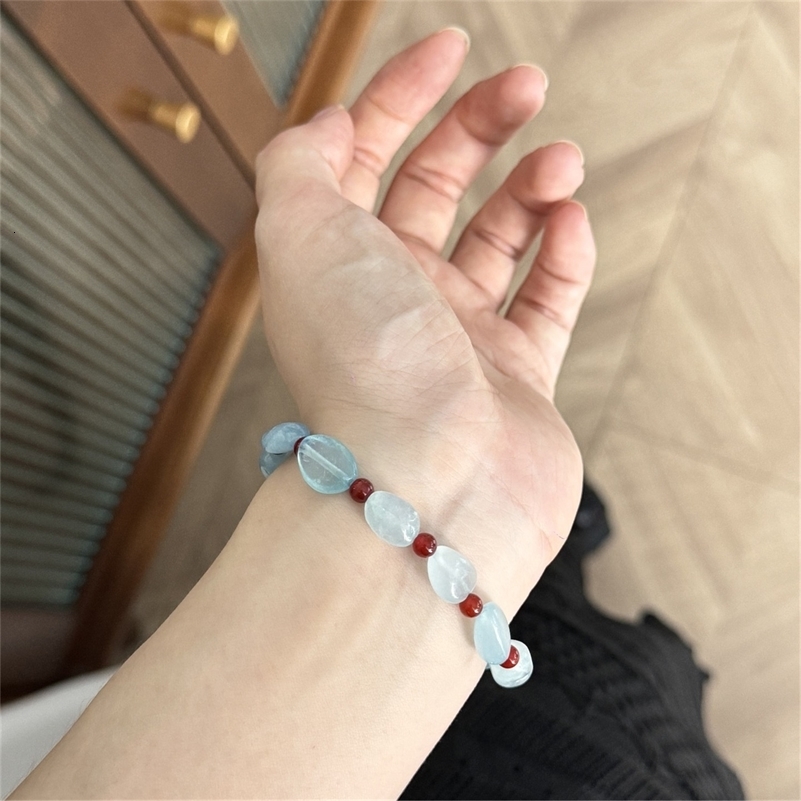 Natural aquamarine gemstone red agate irregular bead necklace for women Bohemian handmade bluestone bracelet jewelry set 241017