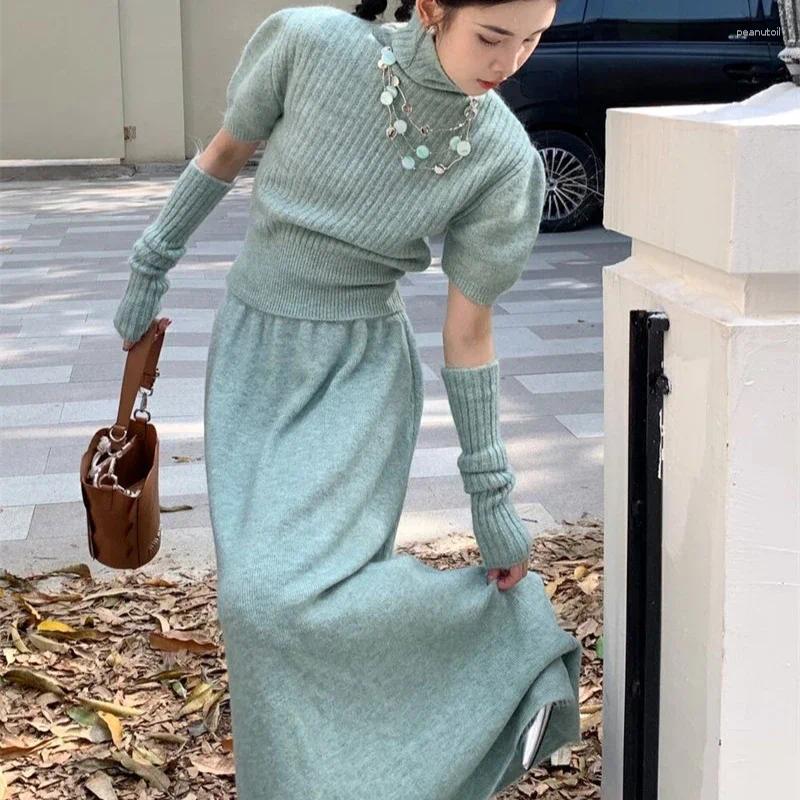 Two Piece Dress French Elegant Knitted Skirt Suits Vintage Autumn Winter Women High Neck Pullover Sweater Tops With Waiste Long Skirts Set B4