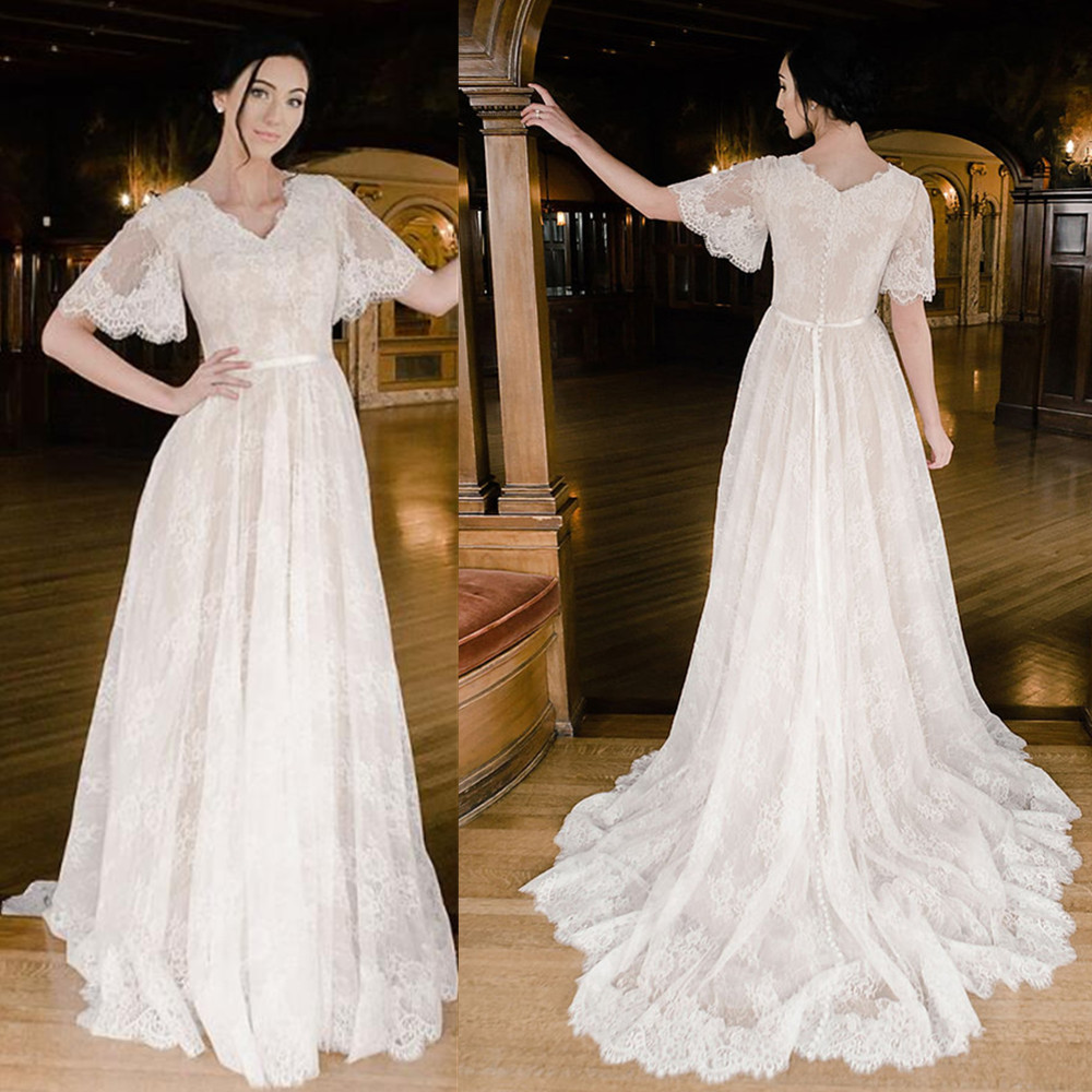 Princess V Neck Puffy Sleeves Wedding Dresses Floor Length Lace Wedding Dress Bridal Gowns vestidos Custom Made Robes de Mariee