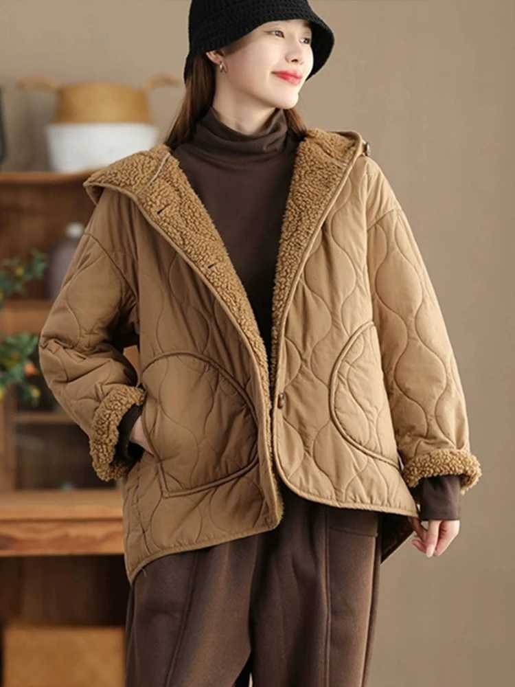 Lamb Wool Warm Jacket Thick Hooded Cotton Coat Womens Retro Long Sleeved Large Size Jacket Loose Casual Warm Comfortable WinterX241018