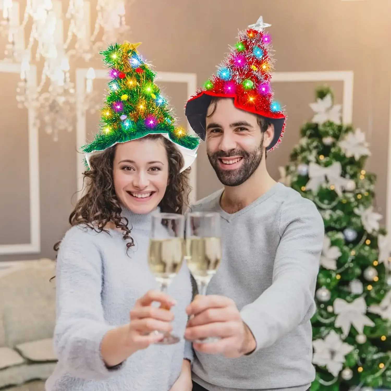 Stingy Brim Hats Christmas tree hat with Tinsel LED color lights Star New Year costume suitable for adults and childrens Christmas decoration Y241018K