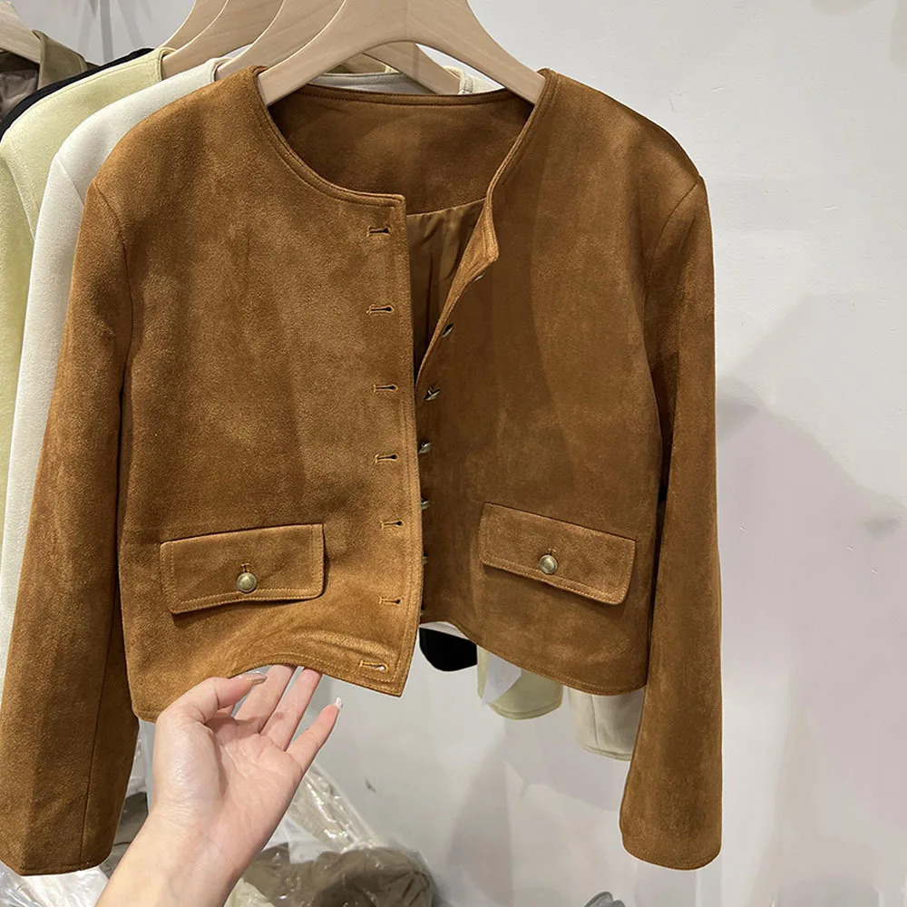 Spring Jacket Ladies French Small Fragrant Wind Suede Short Coat Womens Round Neck Solid Color Casual Tops Autumn Outwear 241018