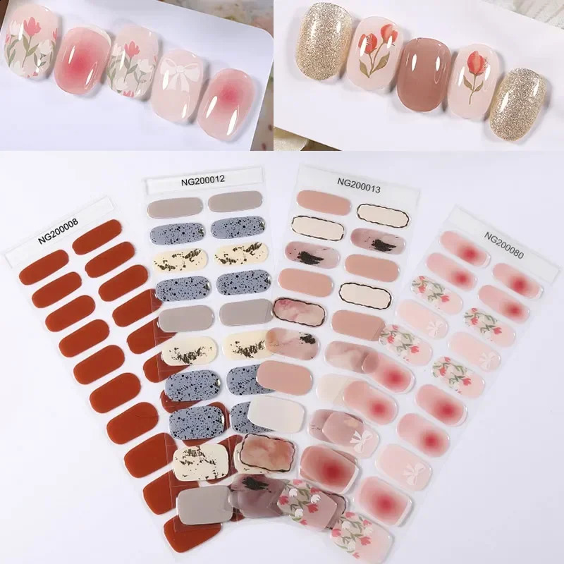 20Tips/Sheet Semi-Cured Gel Nail Patch Pink Tulip Flower Adhesive Sliders Long Lasting Full Cover Nail Stcikers UV Lamp Need 241017