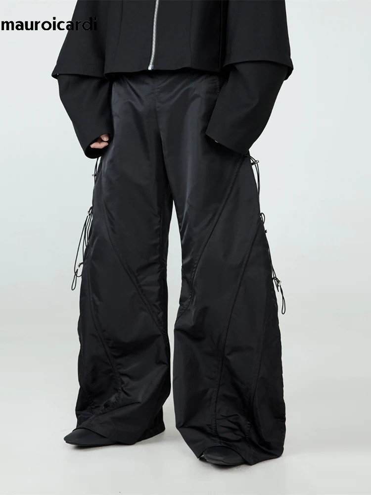 Mauroicardi Spring Autumn Long Loose Casual Baggy Black Wide Leg Pants Men with Elastic Waist y ner Emo Clothing 241018