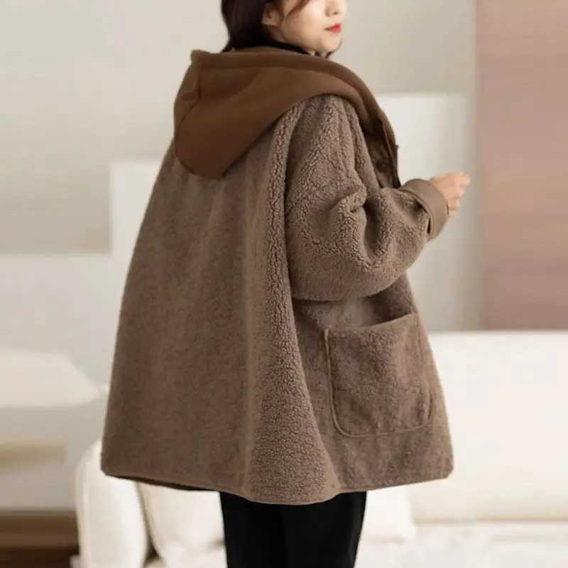 Lamb Wool Fleece Hooded Cotton-padded Jacket Coat Autumn Winter Women Clothes Patchwork Oversize Warm Fake Two Pieces SweatshirtX241018