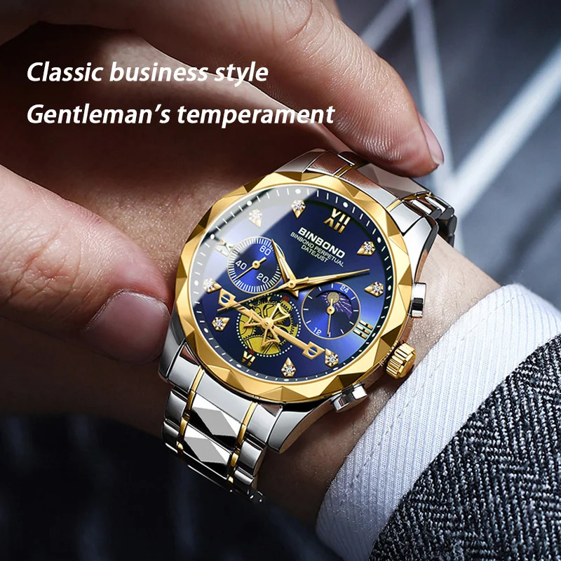 BINBOND Sports Watch Mens Waterproof Luminous Business Quartz Stainless Steel Fashion 241009