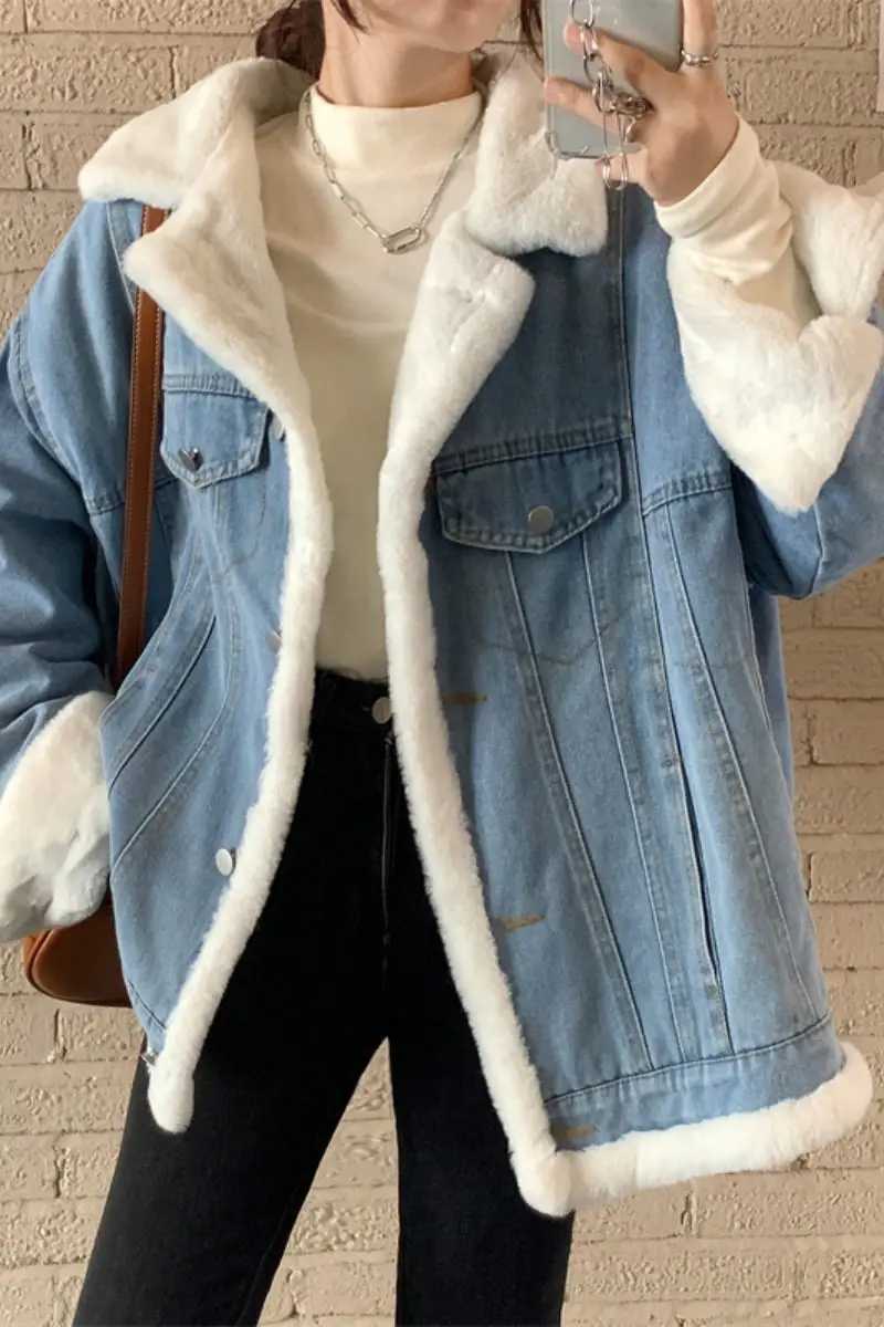 Oversized Womens Denim Jacket Plush Coat Autumn Winter Thickened Reversible Cotton Padded Streetwear Clothing Mujer Abrigo T174X241018
