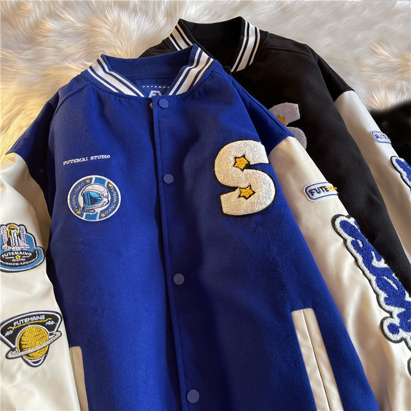 Street Style Patch Letter Embroidered Woolen Baseball Uniform Autumn And Winter Loose Simple Casual Jacket Couple Coat Tops