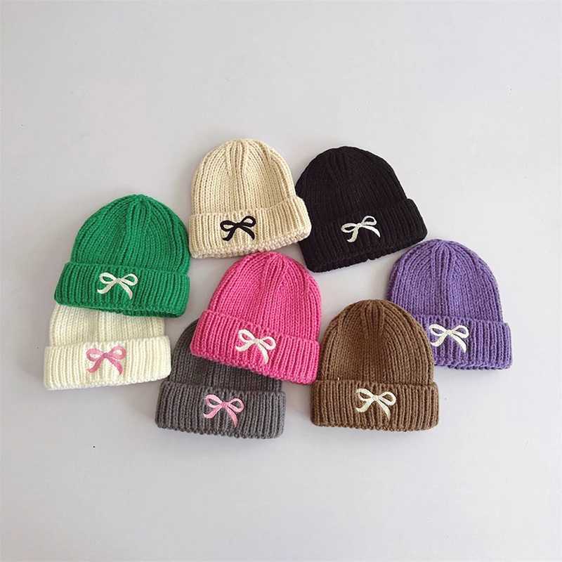 Korean Bow Embroidery Baby Knit Pullover Hats Autumn Winter Soft Woolen Warm Beanies for Boy Girl Outdoor Anti-Cold Kids Bonnets LX241018