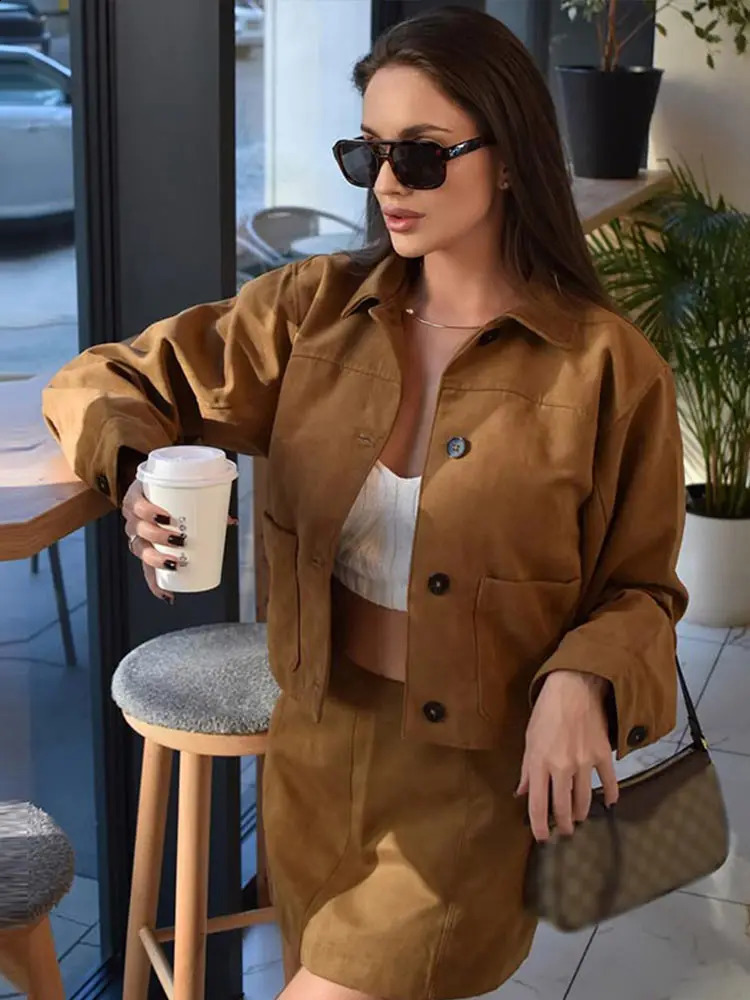 Brown Suede Coat Skirt Sets Women Lapel Single Breasted Loose Jacket Mini Skirts Female 2 Pieces Suits 2024 Autumn Lady Outfits 241017