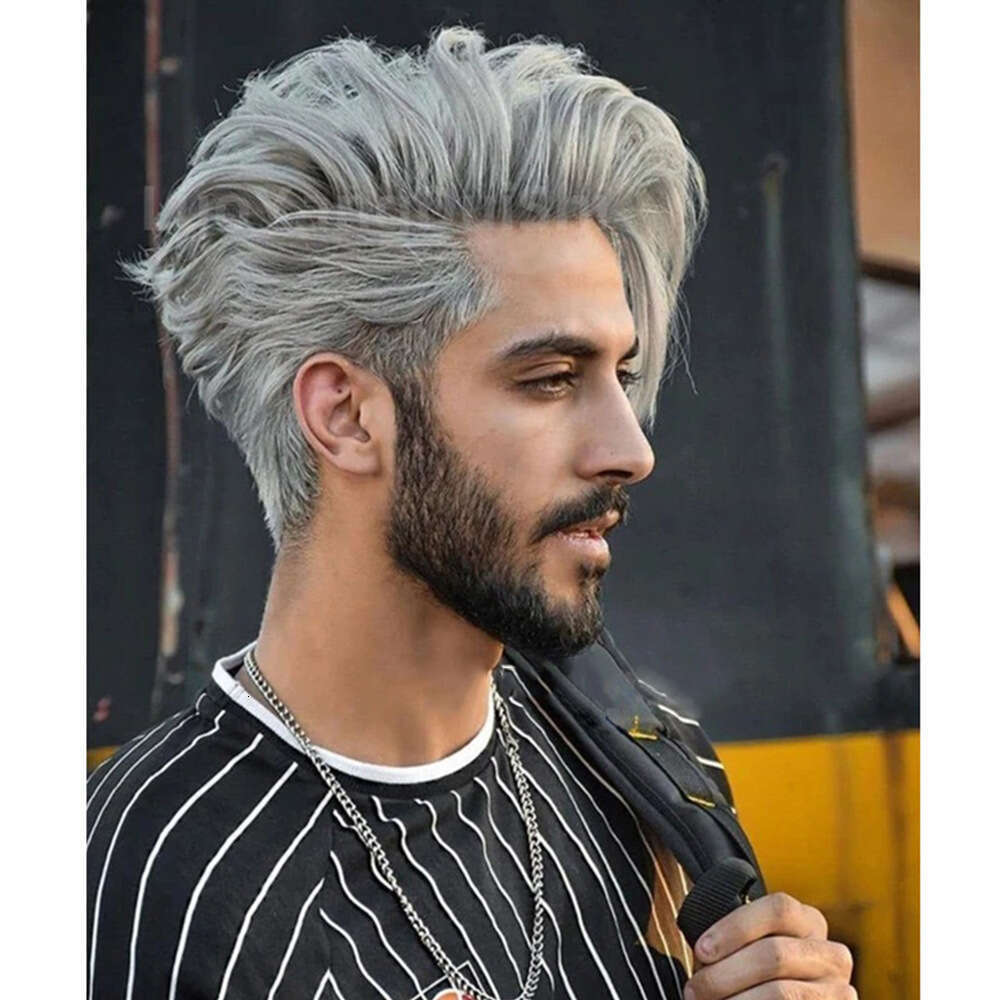 Men's New Fashion Personality Silver Gray Chemical Fiber Wig Headcover Short Hair For Men
