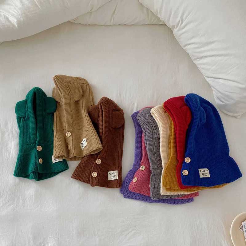 Korean Cute Bear Ear Baby Hooded Hat Winter Warm Knitted Ear Protection Balaclava Cap For Kids Girls Boys One Piece Scarf Cap LX241018