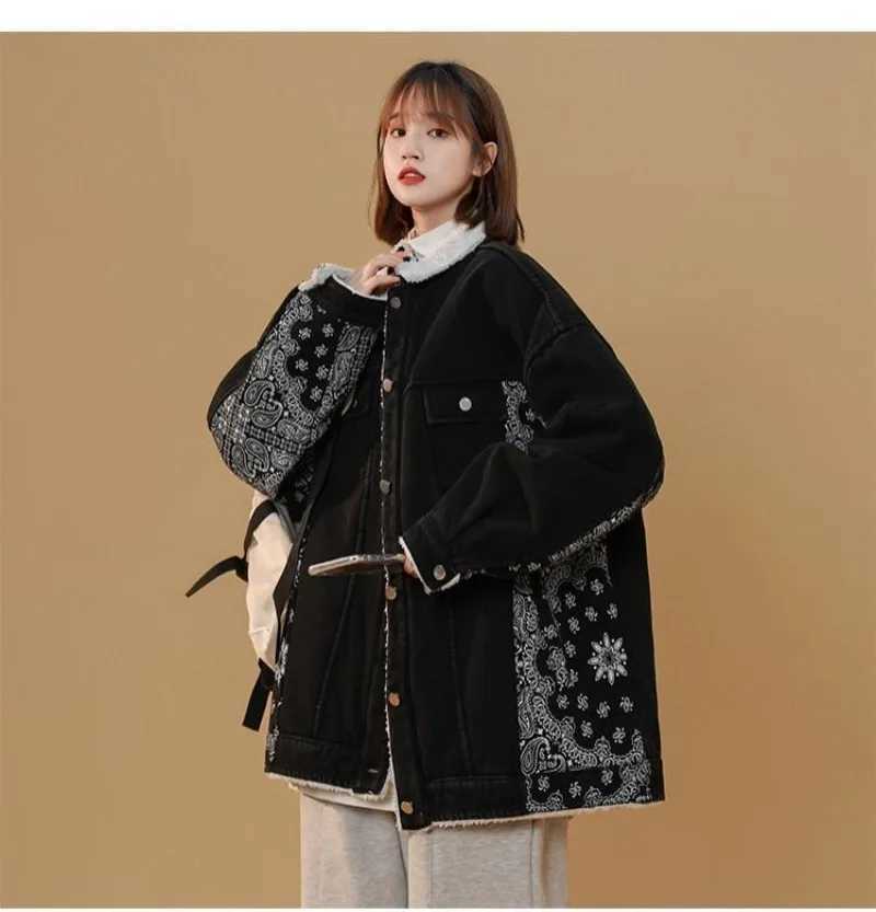 Vintage Winter Thicken Lambswool Denim Jackets Fashion Long Parkas Turn-down Collar Chic Printed Coats Warm Clothes for WomenX241018