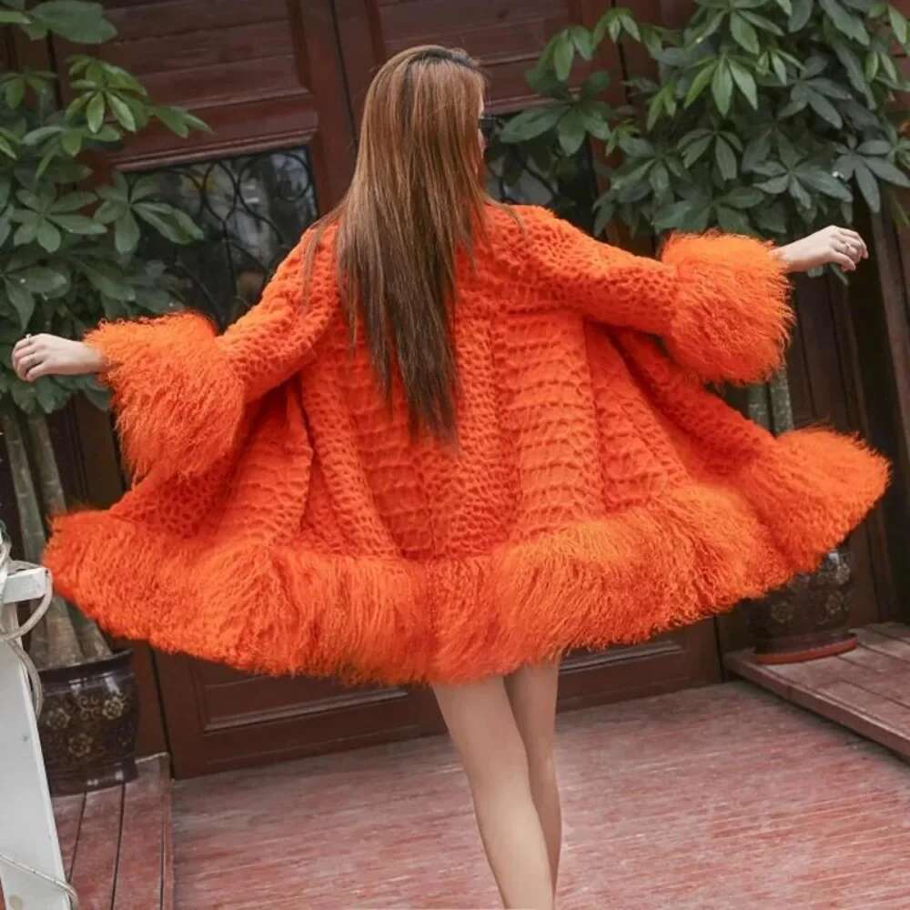 New Jacket Sheep Sleeve Hem Ladies Europen America Women Mongolia Loose Outwear Genuine Fur Coat Fashion