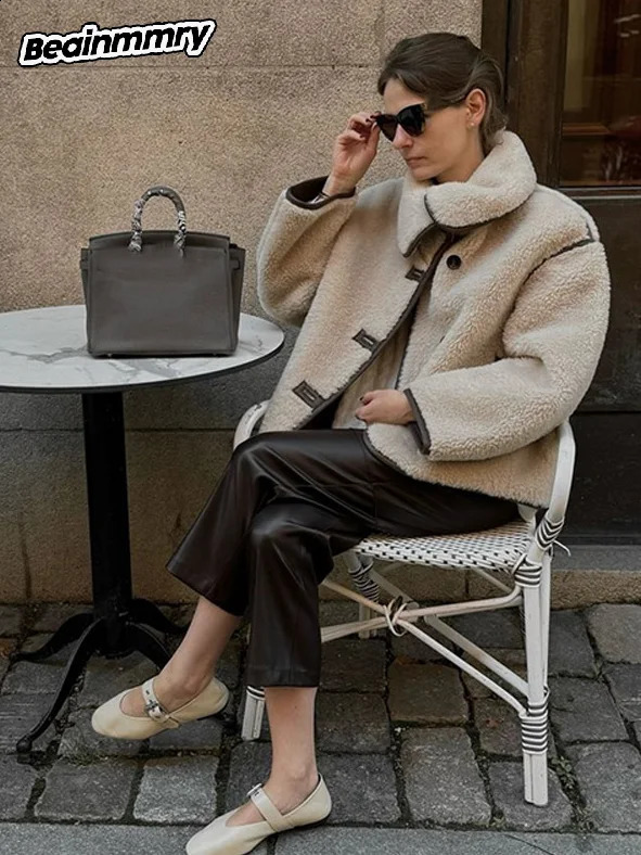 Fashionable Sherpa leather button patch work jacket elegant lapel long sleeved warm jacket winter womens fashion street commuting jacket 241008