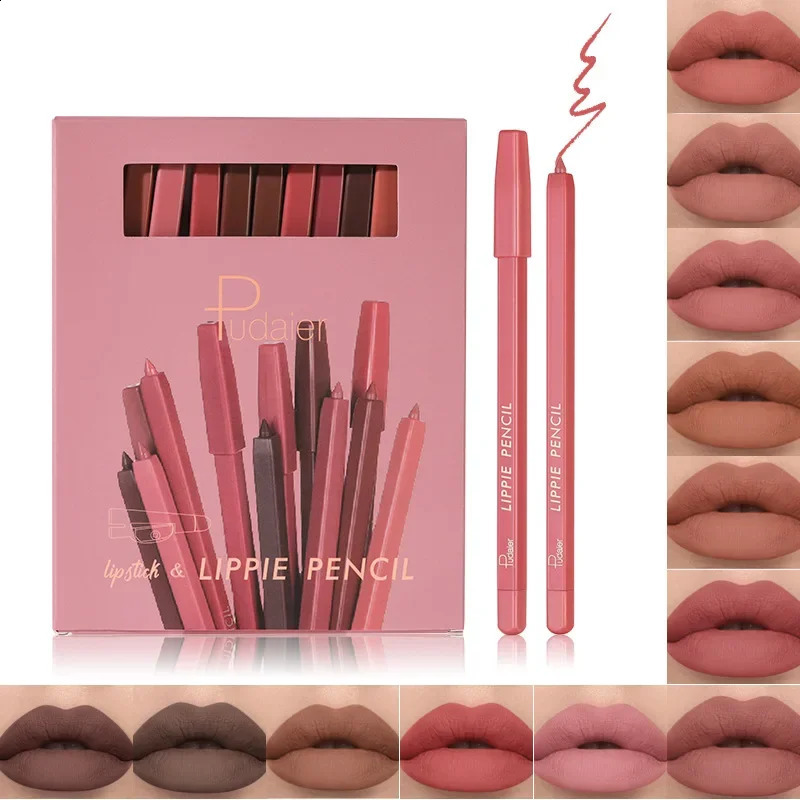 Pudaier 12 Color Matte Lipliner Pencil with Sharpener Set Makeup Lasting Velvet Lipstick Pen Nude Contour Plump Lip Liner Tint 241017
