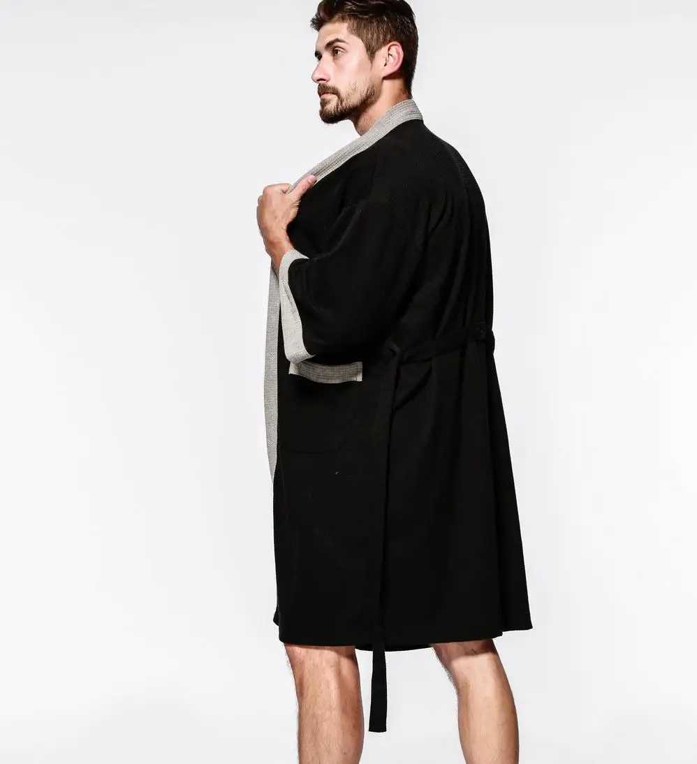Cotton Waffle Men Kimono Bathrobe Gown Sleepwear Couple Black Robe Nightwear Loose Casual Sauna Yukata Spring Summer Home WearXJ241018