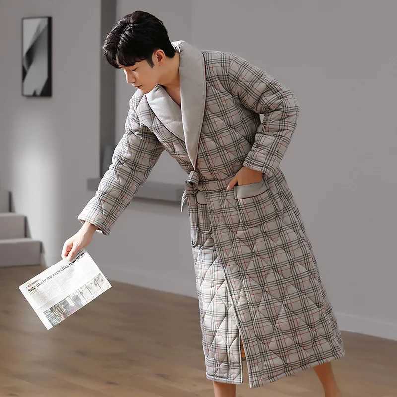 New Winter Cotton-Padded Robe Kimono Bathrobe Gown Thickened Warm Sleepwear Nightwear Loose Print Stripes Home Wear LoungewearXJ241018