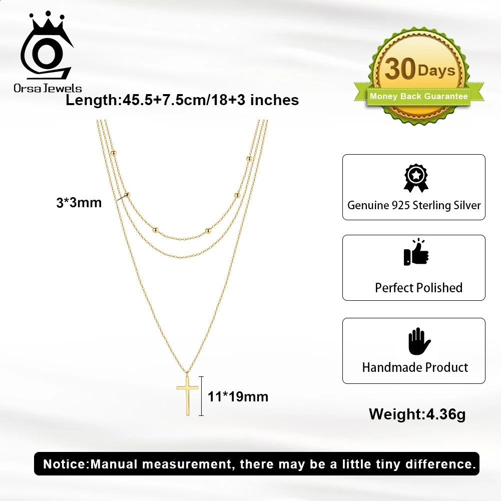 ORSA JEWELS 925 sterling silver layered necklace for women simple cross pendant beads hypoallergenic necklace jewelry BQN07 241018