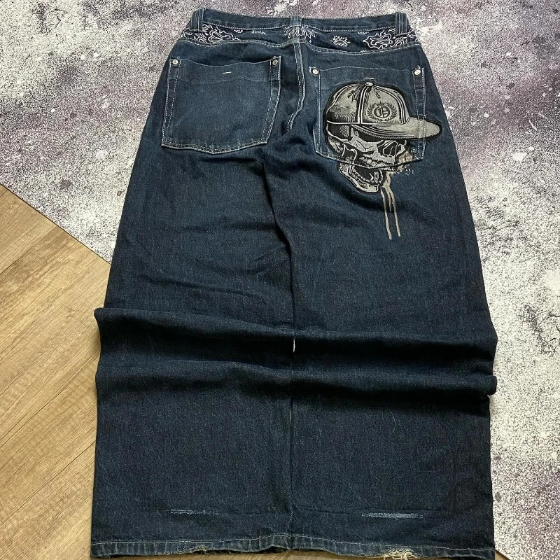 American Fashion Skeleton Embroidered Pocket Jeans for Men Y2K Street Harajuku Pop Gothic High Waist Casual Clown Wide Leg Trouthers 241007
