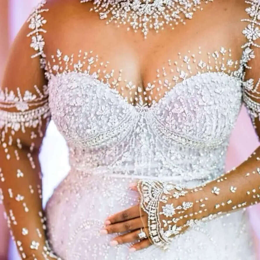 Ebi Oct Aso Arabic Plus Size Ivory Mermaid Wedding Dress Beaded Crystals Lace Bridal Gowns Dresses ZJ Es Es
