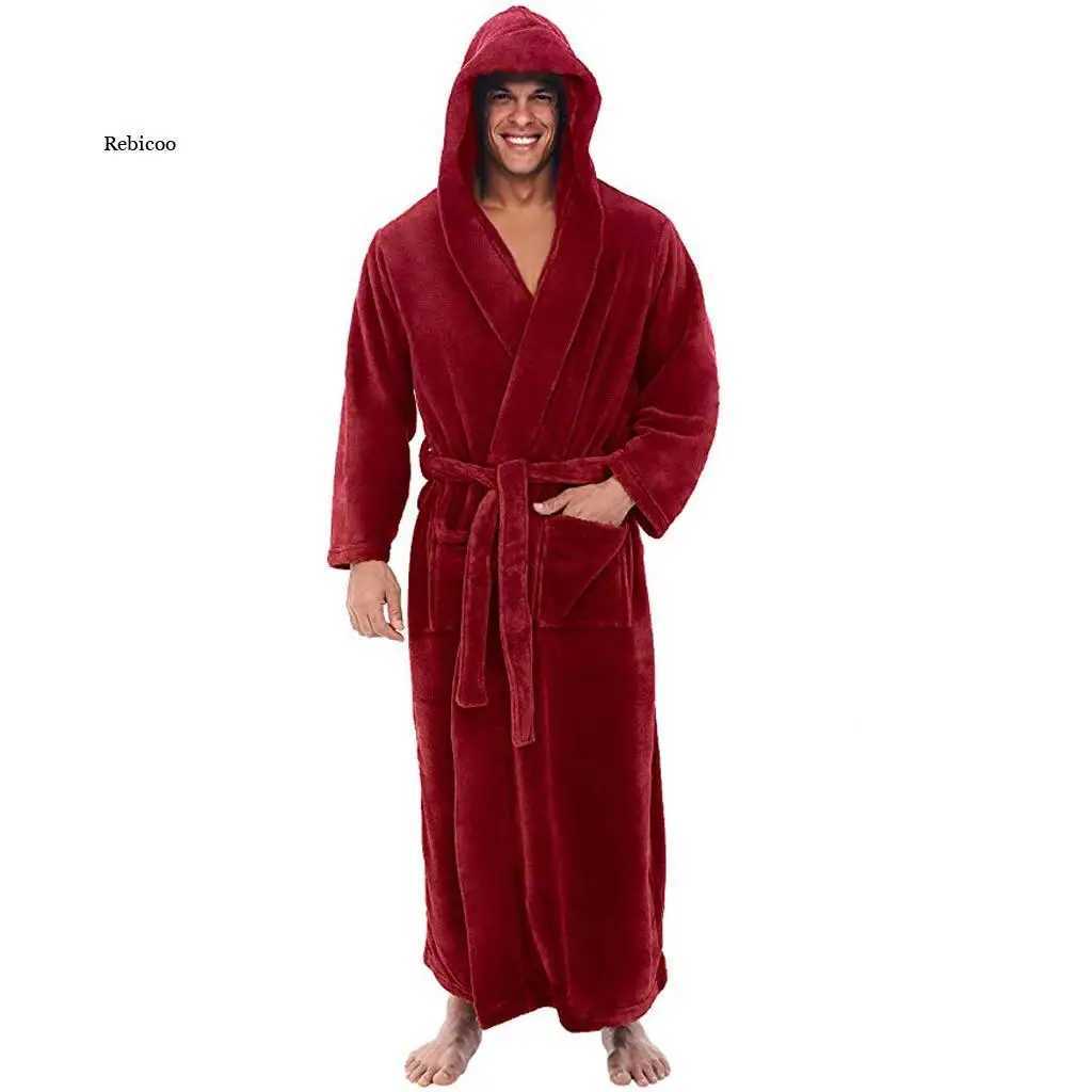 Mens Autumn Winter Thick Long-sleeved Bathrobe Comfortable Hooded Robe Nightgown Bath Gown Sleepwear Nightwear CoatsXJ241018