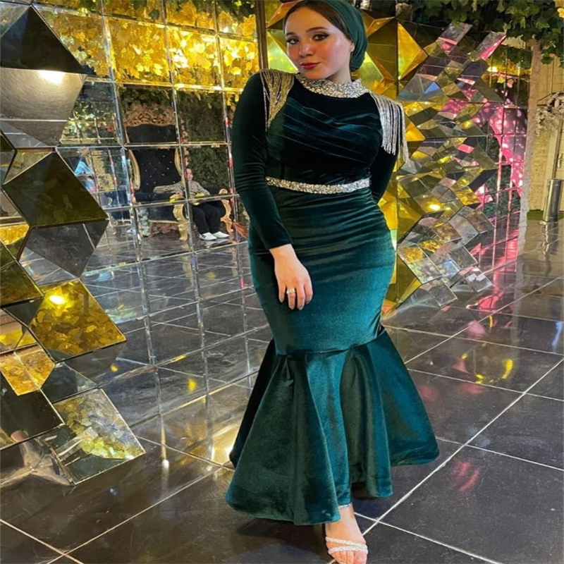 Maxi Green Turkey Evening Dresses Crystal Tassel Memaid Midi Prom Dress 2025 Elegant Velvet Birthday Gown vestidos Fiesta Vintage Formal Arabic Robe D