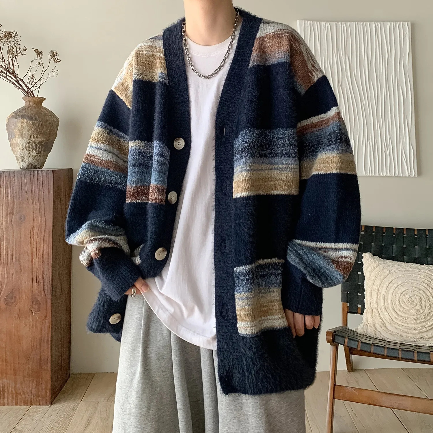 Mens Clothing y Knit V Collar Patchwork Cardigan Sweater Coat Long Sleeve Korean Leisure Oversized Knitwear M3XL 241018