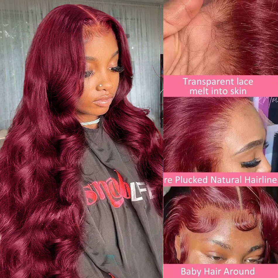 30 32 Inch 99J Bury 13x6 Frontal Wigs Red Colored Body Wave 13x4 HD Transparent Lace Front Human Hair Wig For Women