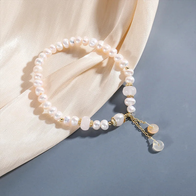 Minar Irregular Freshwater Pearl Pink Crystal Natural Stone Bead Tassel and Flat Buckle Bracelet 241018