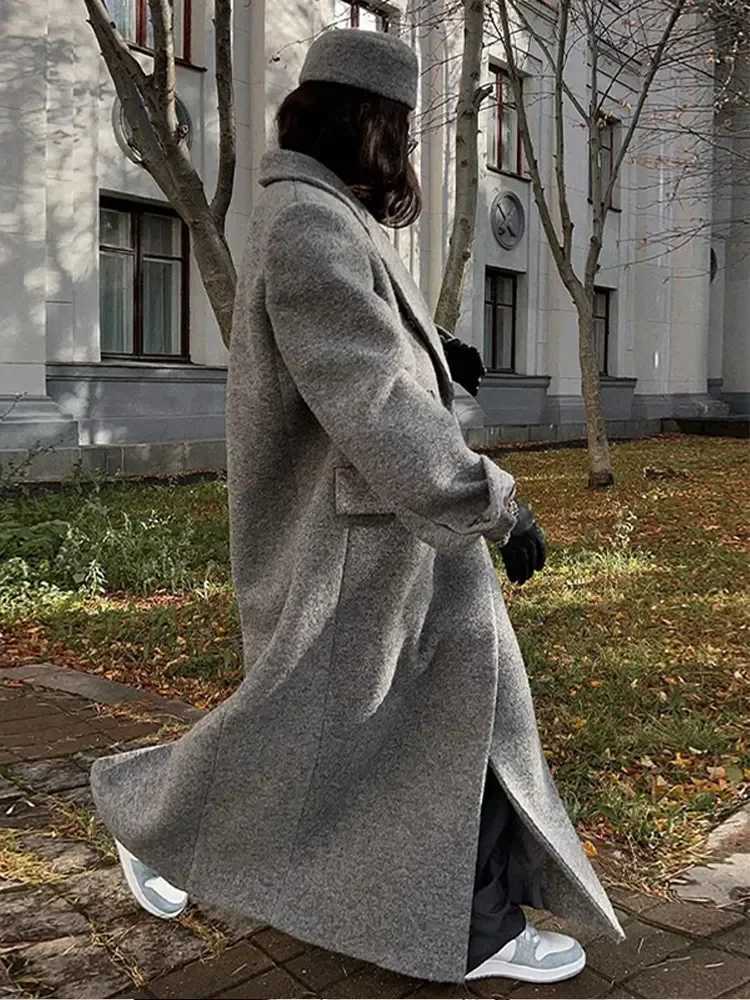 Fashion Turn Down Collar Coat Women Autumn Winter Elegant Long Sleeve Lady Long Coats Chic Pocket Female Double Breasted JacketX241009