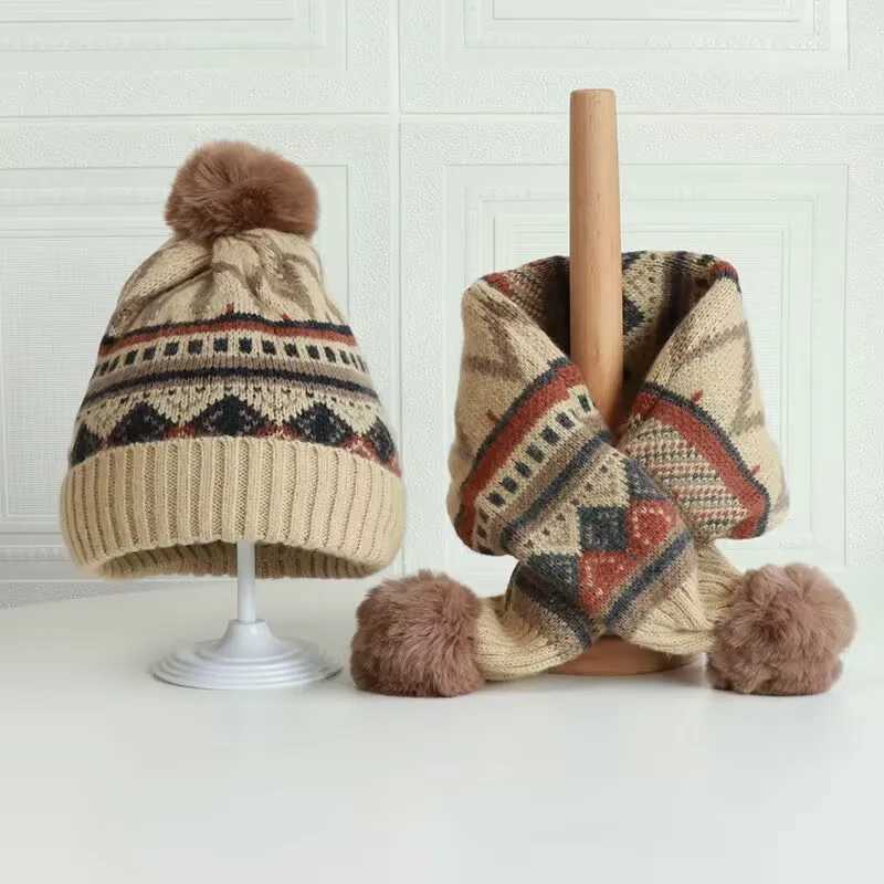 2023 autumn and winter new color pattern childrens knitted wool hat warm cross neck two-piece set LX241018