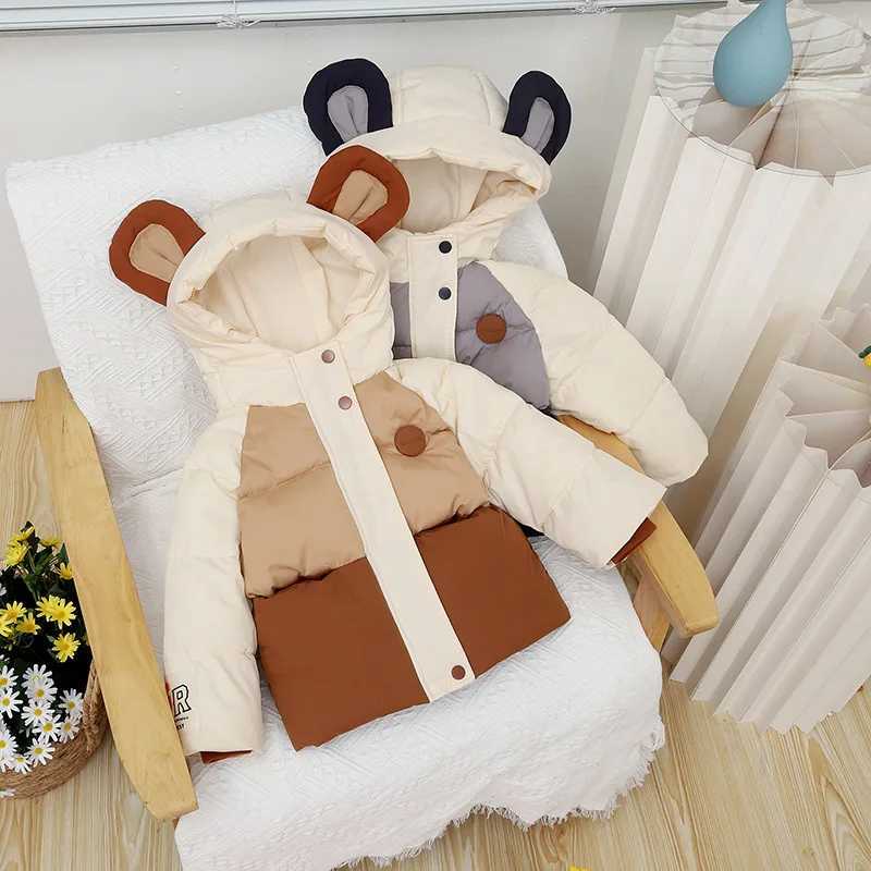 Boys and girls winter jacket new fashion thick patchwork childrens coat big ears hooded childrens cotton padded jacket M241018