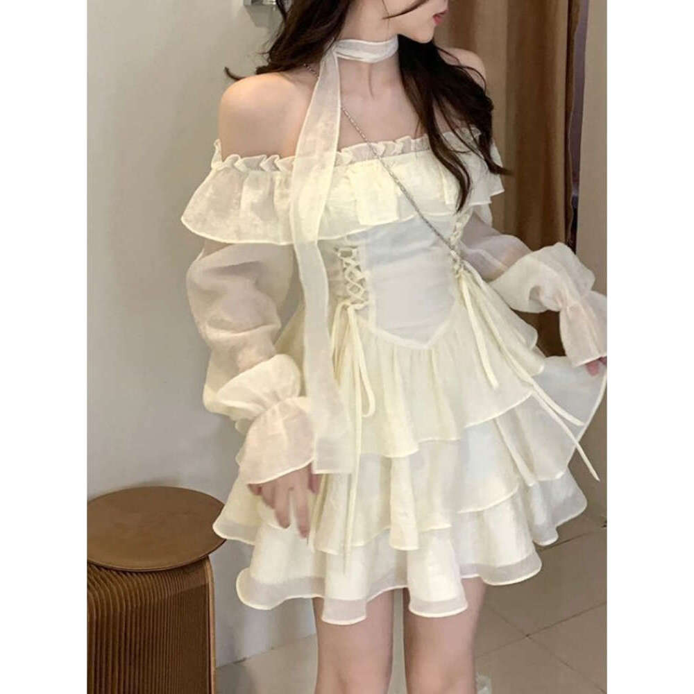 Long Sleeve Elegant Mini Lolita Pure Color Short Party Woman Casual 2024 Spring Sweet One Piece Dress Korean Fashion