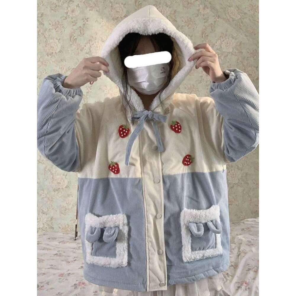 Japanese Sweet Corduroy Parkas Jacket Women Kawaii Y2k Strawberry Embroidery Hooded Outwear Female Autumn Winter Plush Warm Coat