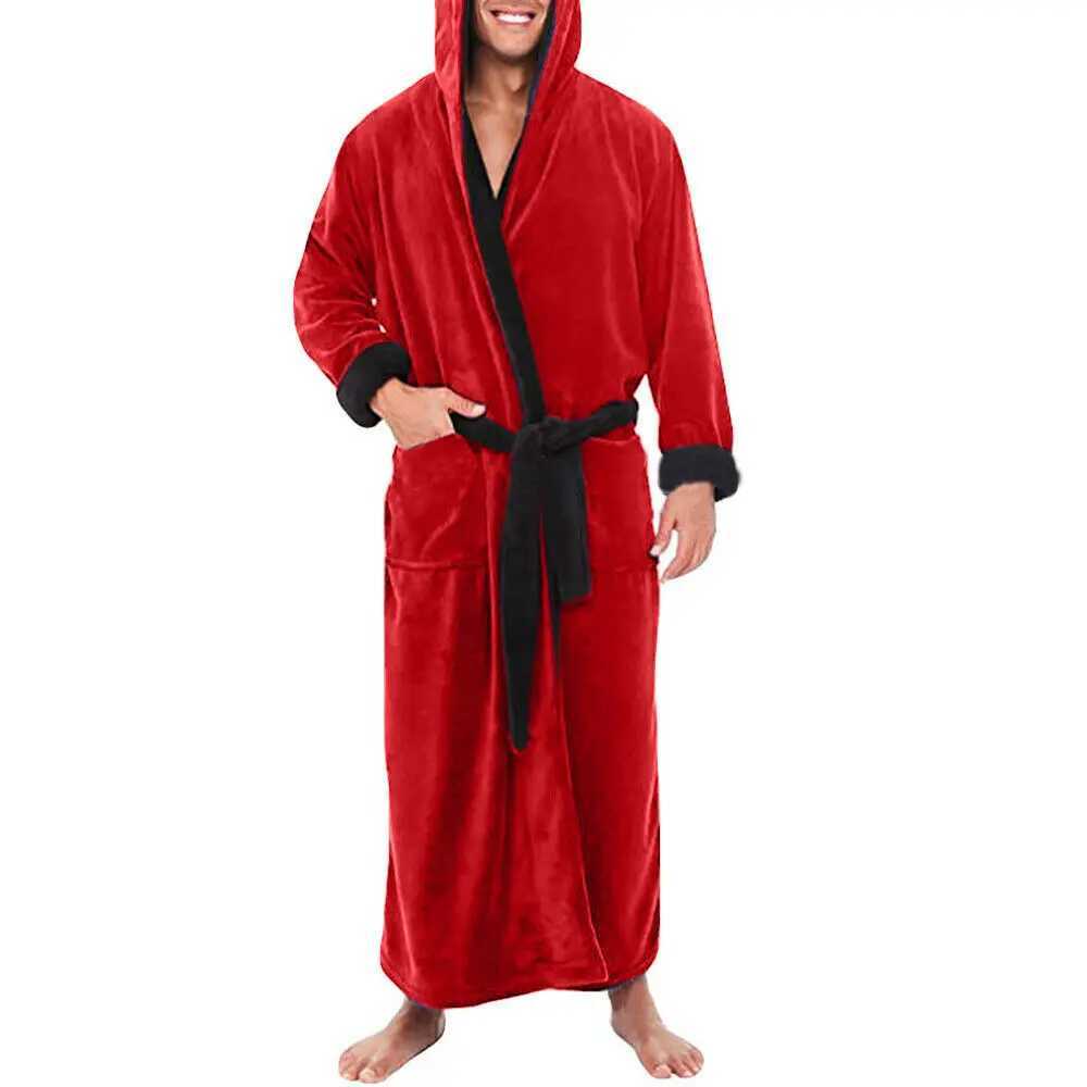 New Mens Bathrobe Long Dressing Fleece Hooded Nightgown Autumn and Winter Oversized Long Sleeve Pajamas Males Home ClothingXJ241018