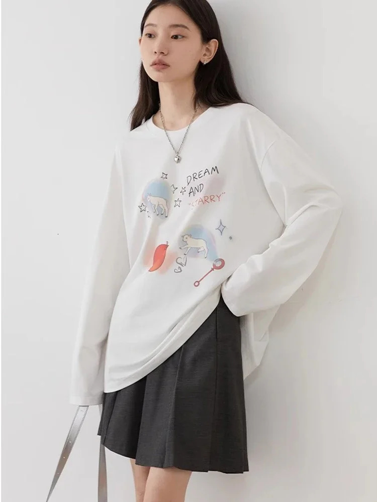 CHIC VEN Women TShirts Loose Long Sleeve Cartoon n Round Neck Lamb Print Female Tees Woman Top Spring Autumn 241018