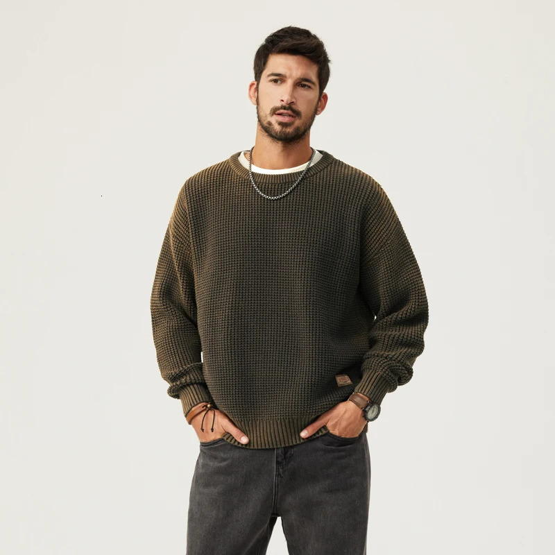 Autumn mens work style knitwear casual loose large size gradient sweater patch round neck pullover tops 241018