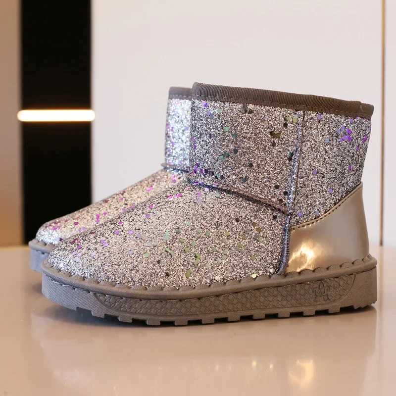 Boots Childrens snow boots 2024 winter new sequined princess ankle boots plush warm cotton shoes childrens anti slip sports shoes girls boots H241018
