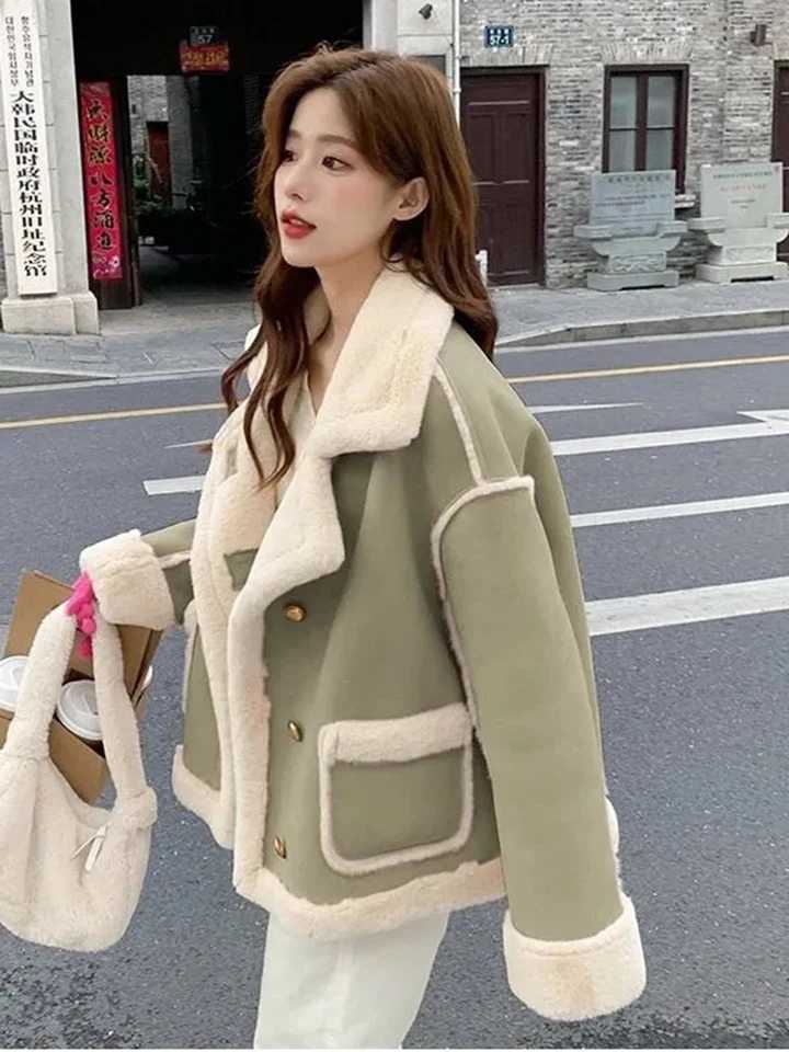 Winter Warm Plush Thicken Casaco Casual Classic Lamb Wool Lined Jacket Overcoat Women Korean Chic Single Breasted New Coat 2023X241018