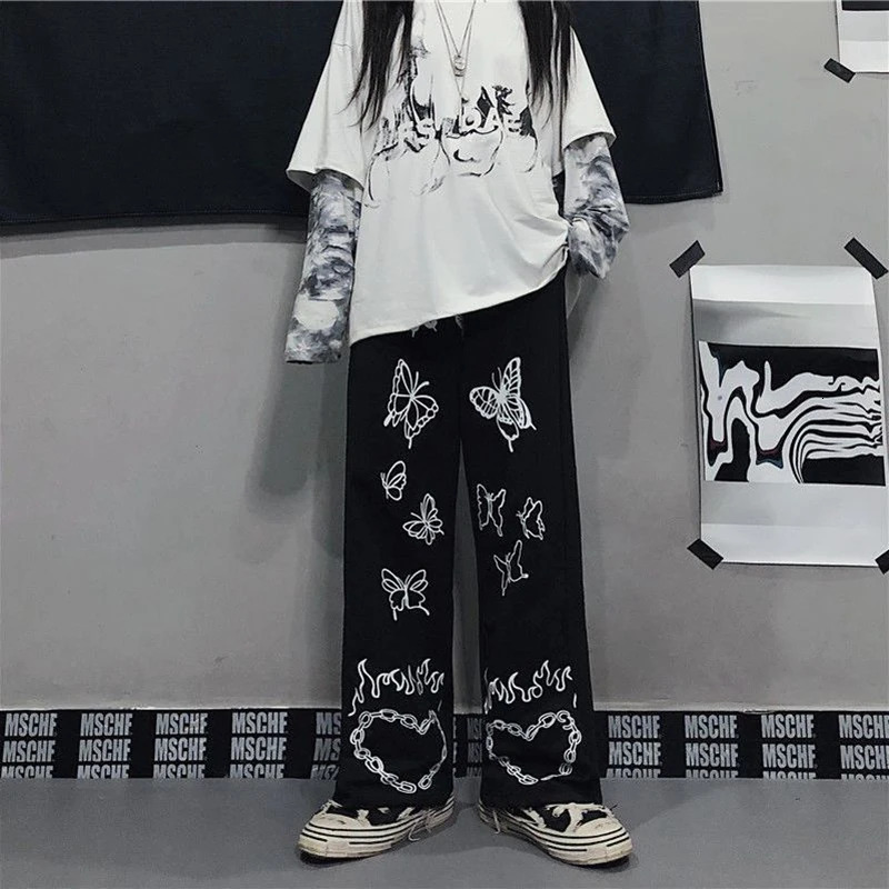 Japanese Y2k Oversize Graphic Wide Sweatpants Men Streetwear Print Casual Track Pants Male Sport Straight Trousers 241018
