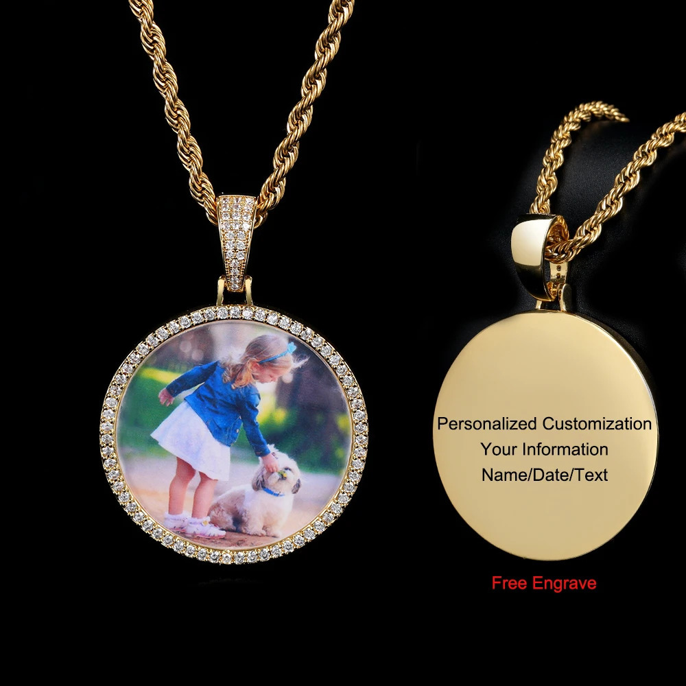 Customized mens po necklace personalized medal memory picture pendant solid back zircon hip-hop jewelry free carving 241018